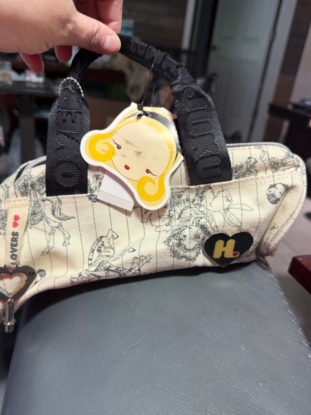 Harajuku Lovers Cream Printed Mini Bag with Black Handles